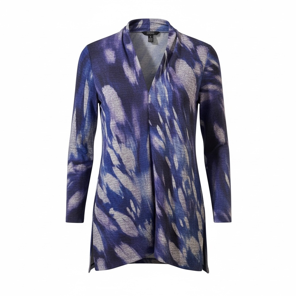 Clara Sunwoo V-Neck Draped Pleat Sweater Tunic blue/ purple shadow brush print